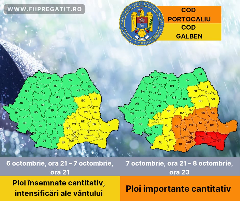 You are currently viewing ATENTIONARI DE COD GALBEN SI PORTOCALIU PENTRU PERIOADA 07-08 OCTOMBRIE 2025