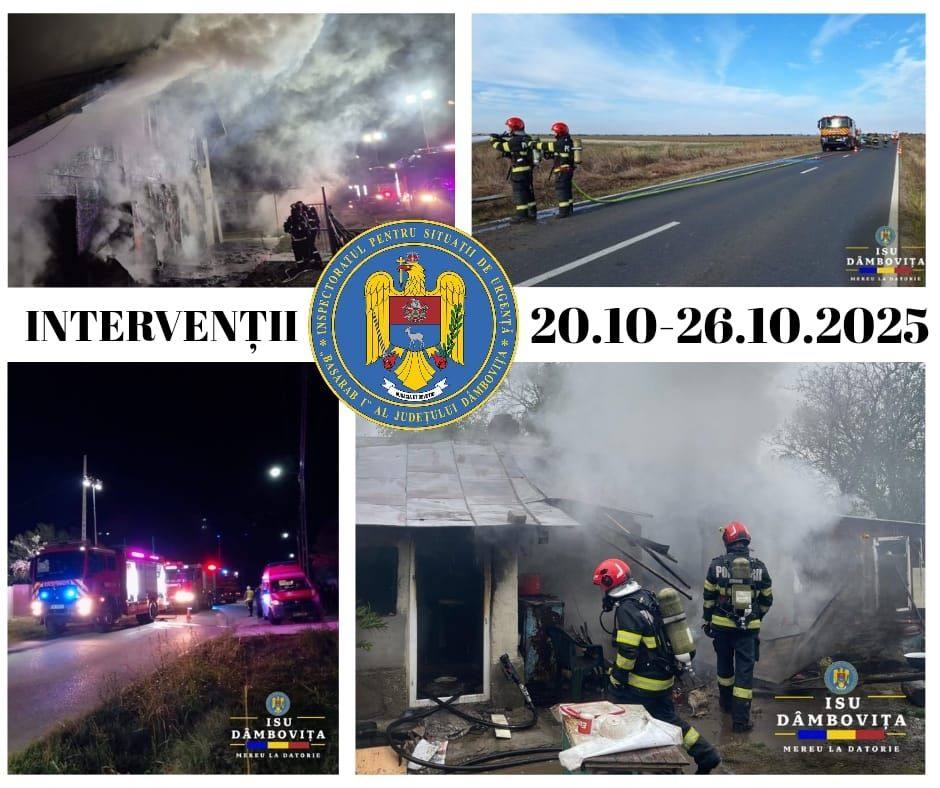 You are currently viewing POMPIERII: ACŢIUNI DE INTERVENŢIE ŞI ACTIVITĂŢI PREVENTIVE ALE ISU “BASARAB I” DÂMBOVIŢA ÎN PERIOADA 20 -26 OCTOMBRIE