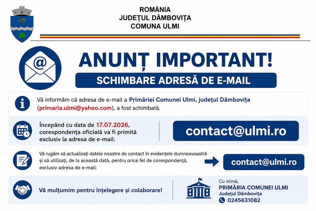 You are currently viewing PRIMĂRIA ULMI: ADRESA DE E-MAIL A FOST SCHIMBATĂ