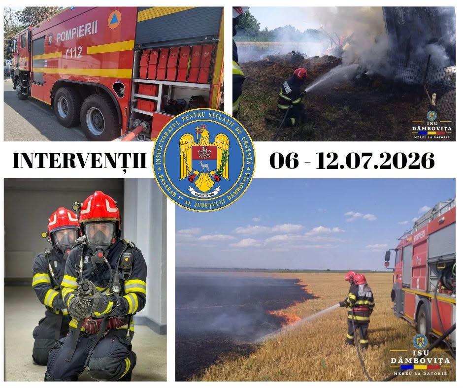 You are currently viewing POMPIERII: ACŢIUNI DE INTERVENŢIE ŞI ACTIVITĂŢI PREVENTIVE ALE ISU “BASARAB I” DÂMBOVIŢA ÎN PERIOADA 06- 12 IULIE