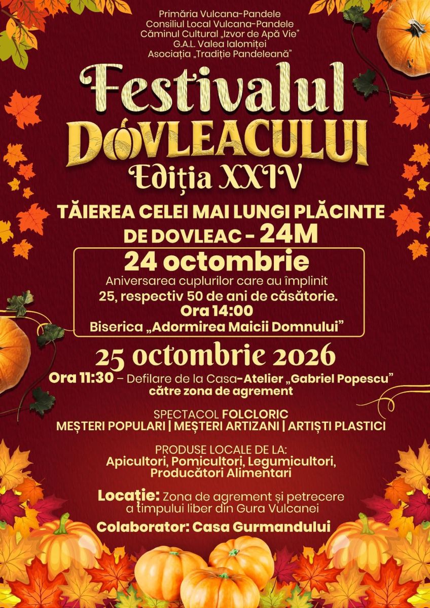 You are currently viewing VEDETA FESTIVALULUI DOVLEACULUI -VULCANA PANDELE VA FI PLACINTA DE 24 METRI LUNGIME